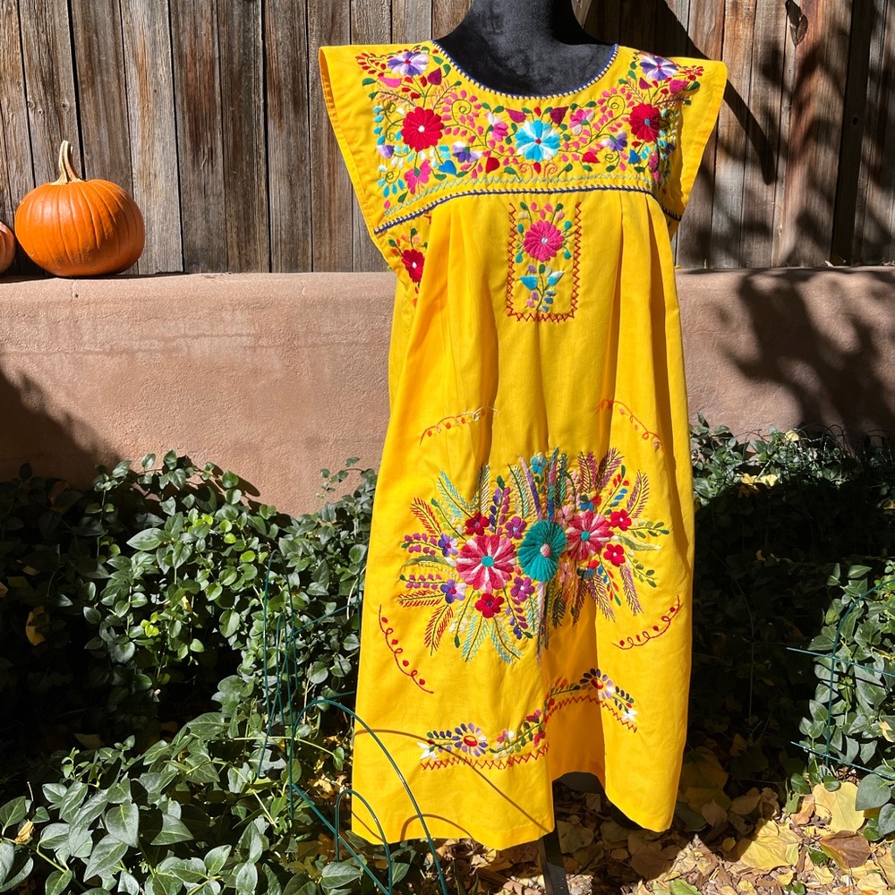 Vintage Mexican Embroidered Yellow Dress Floral Summer Beach Coverup M/L